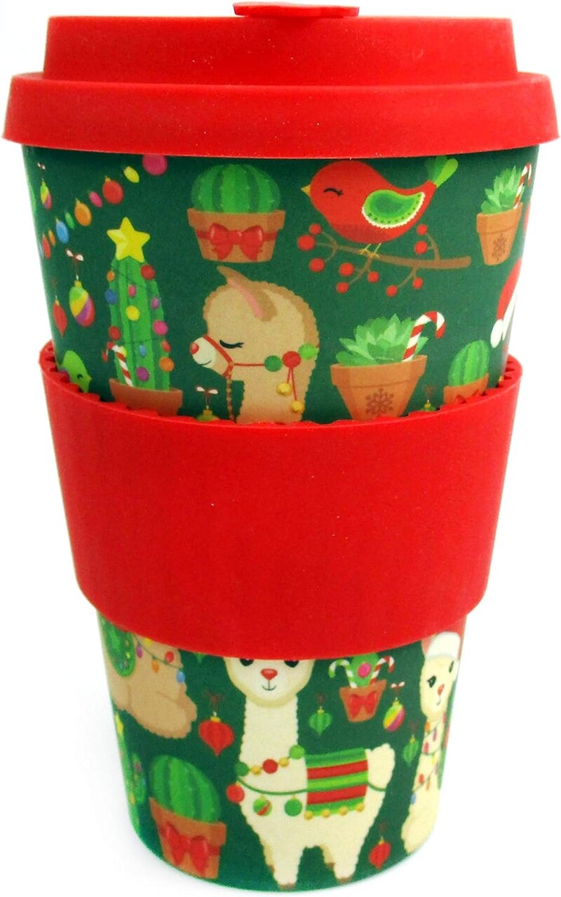 TINYMILLS Eco-Friendly Reusable Plant Fiber 14 oz Travel Mug with Christmas Llama Alpaca Design